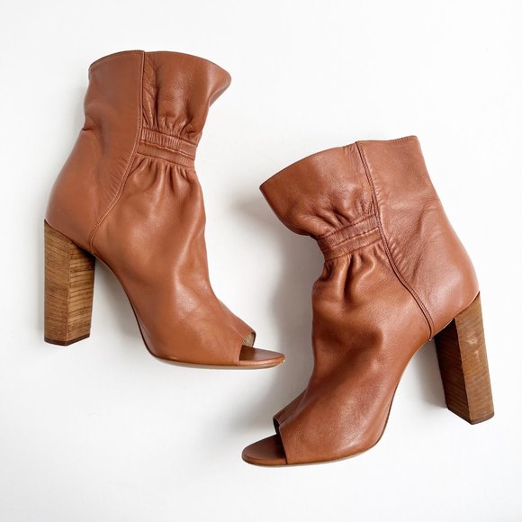 Chloe | Cognac Leather Peep Toe Cinched Ankle Boots | 38.5/8.5 - Picture 7 of 14
